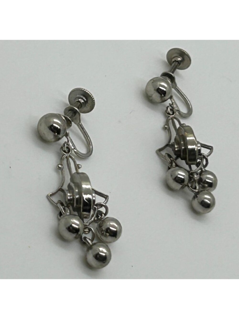 Vintage Art Deco Silver Tone Ball Dangle Earrings Modernist Screw Back Retro